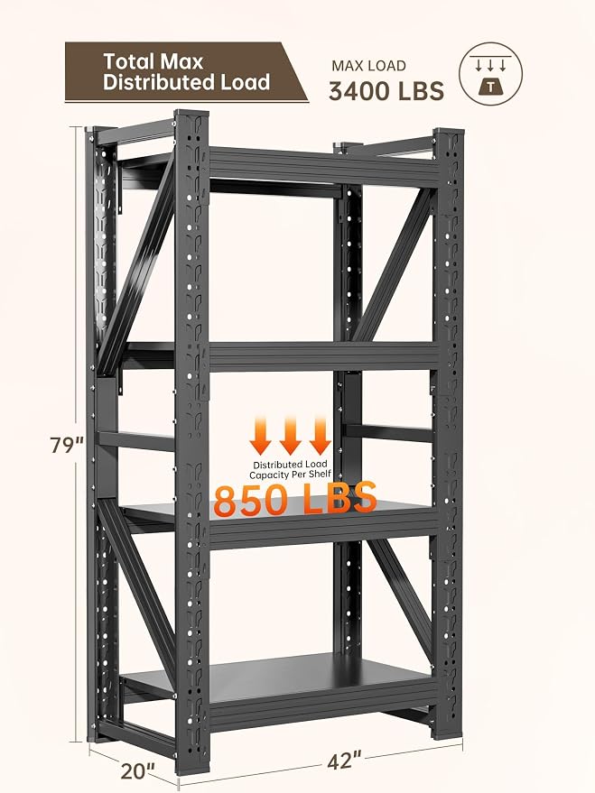 4-Tier Storage Shelves, Adjustable Industrial Metal Shelf System, 400lbs - Image 3