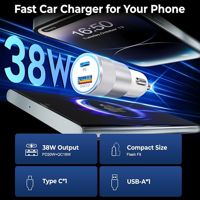 3-Pack Car Charger, Ancekoy 38W Dual Port Fast Charge PD & QC 3.0 Car Adapter - Image 2