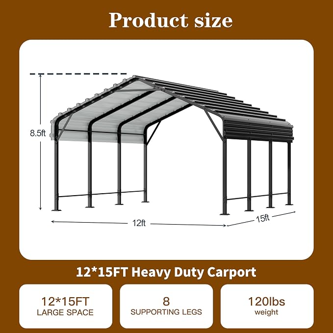 Walsunny Metal Carport 12x15 FT Heavy Duty Carport Canopy - Image 2