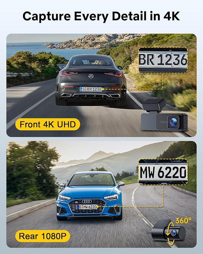 GKU Dash Cam Front and Rear, 3.18'' Touchscreen, 4K+1080P Dashcam, Built-in GPS - Image 2
