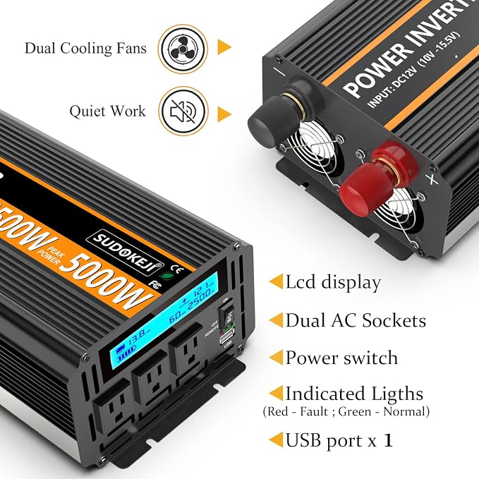 SUDOKEJI 2500W Power Inverter 12V DC to AC 110V/120V 5000W Converter 3 sockets - Image 6