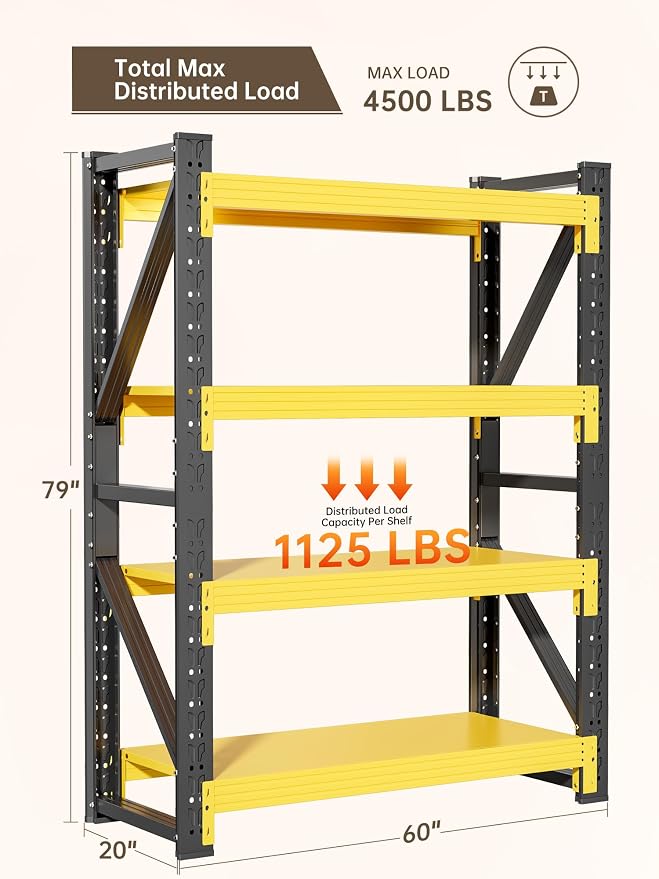4-Tier Storage Shelves, Adjustable Industrial Metal Shelf System, 500lbs - Image 3