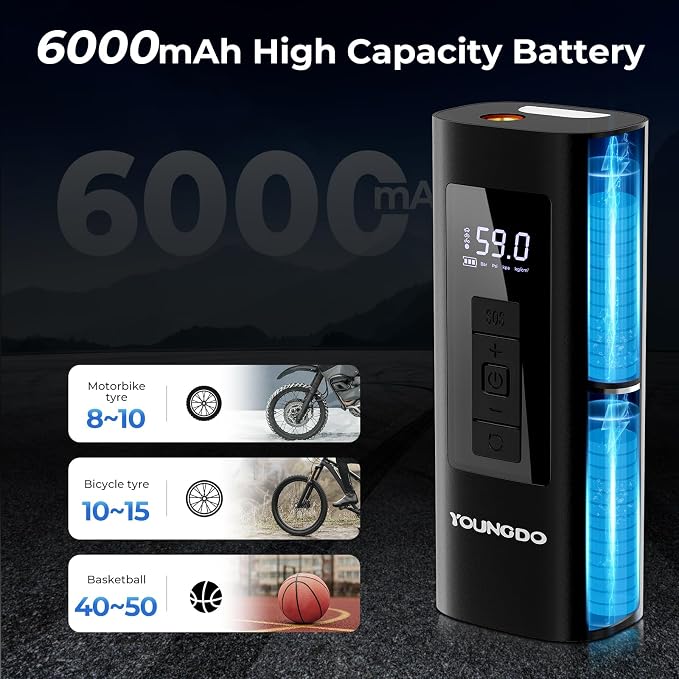 YOUNGDO Tire Inflator Portable Air Compressor, 150 PSI & 6000mAh, Tire Inflator - Image 3