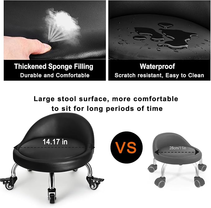 Rolling Stool with Backrest Low Height Rolling Stool with PU Leather, Roller - Image 7