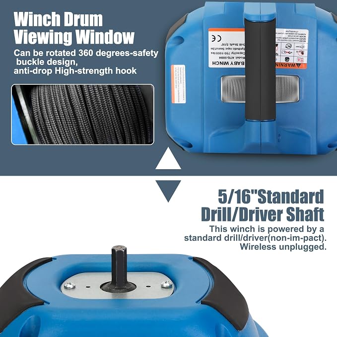 Portable Drill Winch of 1000 LB, Rotate The Hook 360 Degrees, - Image 3
