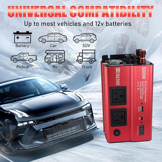 HITRENDS 600W Inverter for Car Power Inverters, 12V DC to 110V AC Converter - Image 3