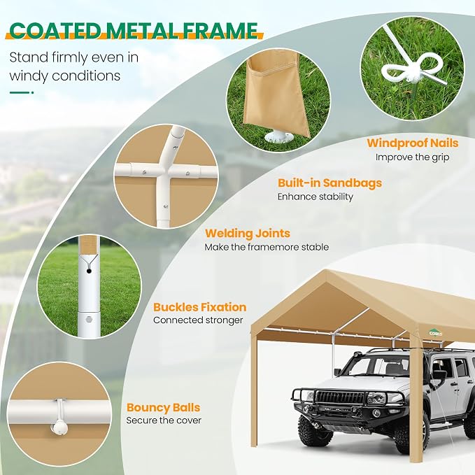 COBIZI Carports 10x20 Heavy Duty Car Tent Garage 2.0, Galvanized Frame Car - Image 3