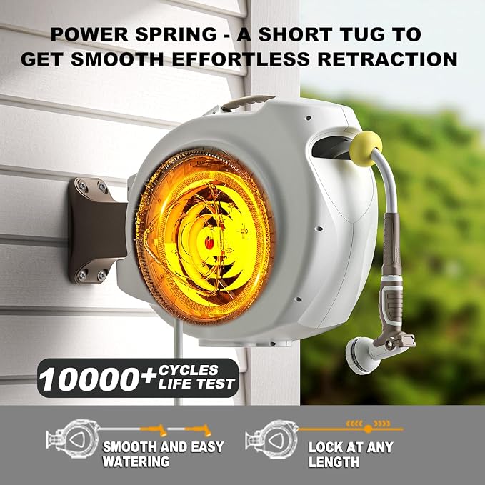 Retractable Garden Hose Reel, 1/2 in 120+6 ft, Heavy Duty Wall Mounted Water - Image 3