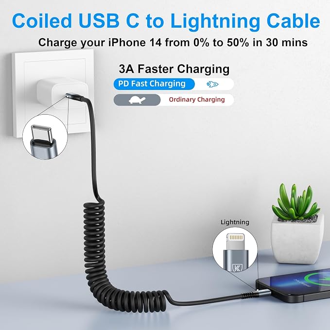 KIYODA USB Type C to Lightning Cable 3FT 2Pack, Coiled iPhone Charger Fast - Image 2