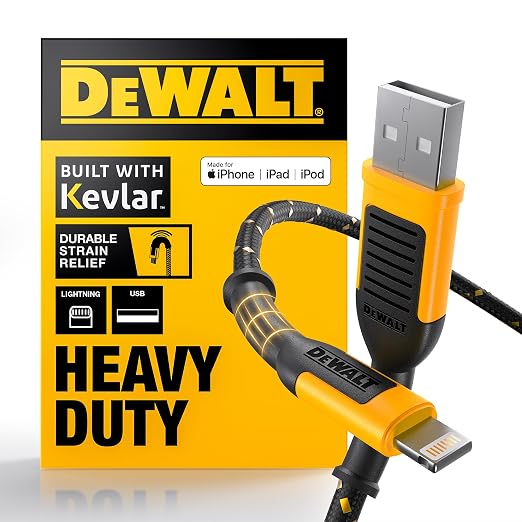 DEWALT Heavy Duty USB A to Lightning Cable Durable iPhone Charger, Lightning by DEWALT