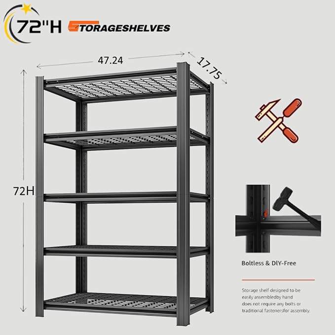 5 Tier Metal Shelving Unit, Adjustable Storage Shelves, Living Room - Image 3