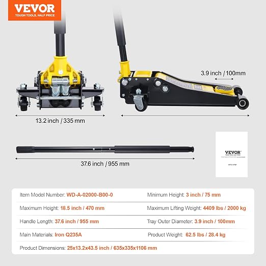VEVOR Low Profile Floor Jack 2 Ton, Heavy Duty Iron Hydraulic Racing Floor Jack - Image 7