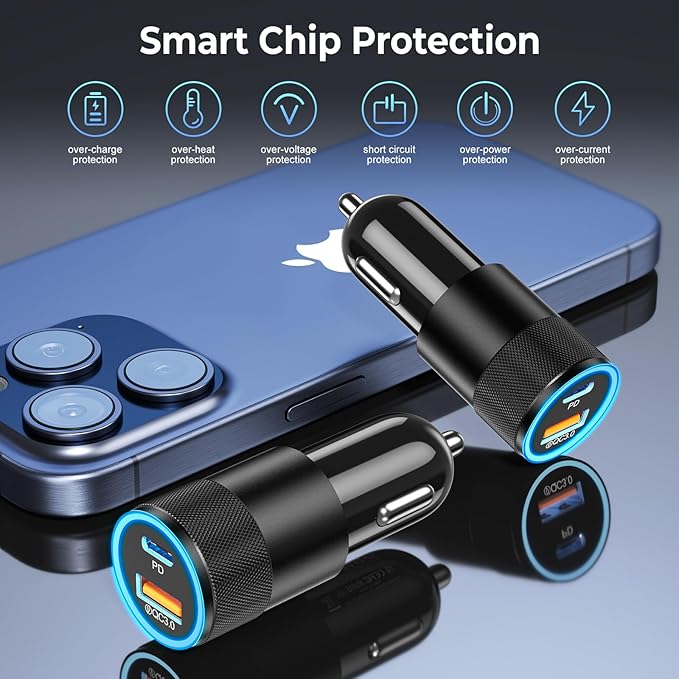 Car Charger USB C 3-Pack, Ancekoy 38W Dual Port PD + QC 3.0 Car Charger Adapter - Image 6