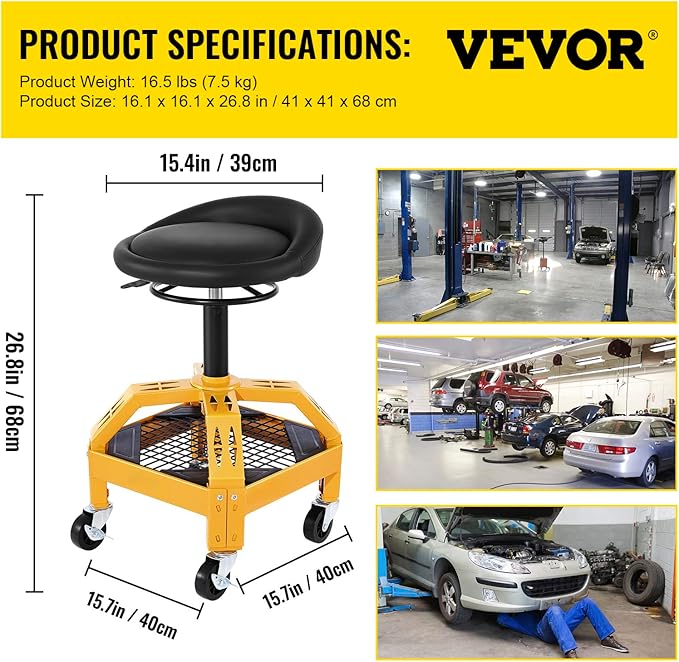 VEVOR Rolling Garage Stool, 300LBS Capacity, Adjustable Height from 24 in to - Image 3