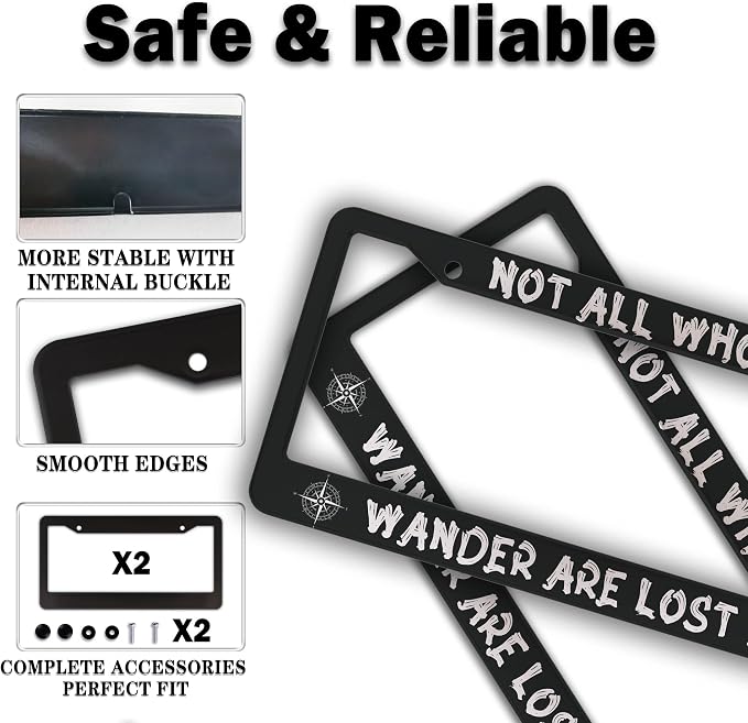 License Plate Holder Black and White License Plate Frames Not All Who Wander - Image 4