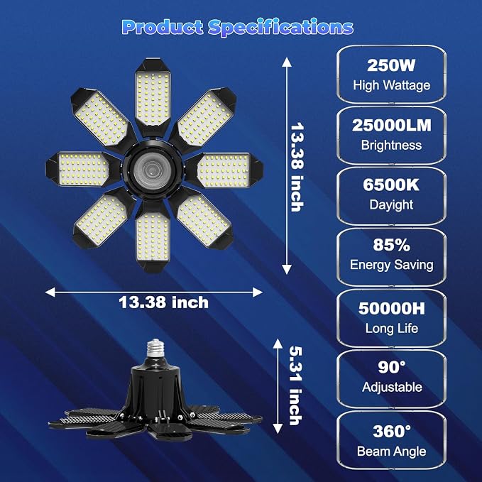 Garage Lights - Super Bright 250W LED Garage Ceiling Light w/ 8 Deformable - Image 8