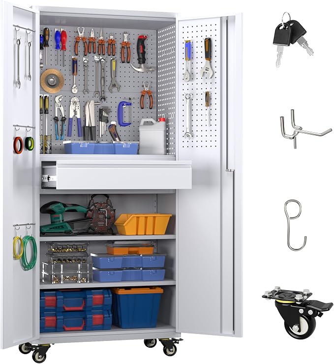 Garage Storage Cabinet with Locking Doors and 2 Adjustable Shelves, Pegboard by GANGMEIMENTALSTORAGECABINET