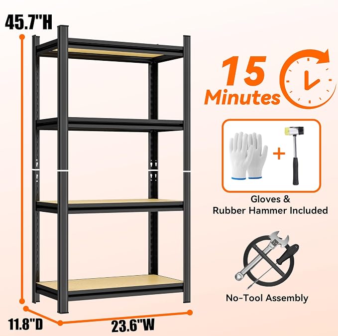 Garage Shelving, 4-Tier Adjustable Storage Shelves, Metal & Wood Pantry Shelf - Image 3