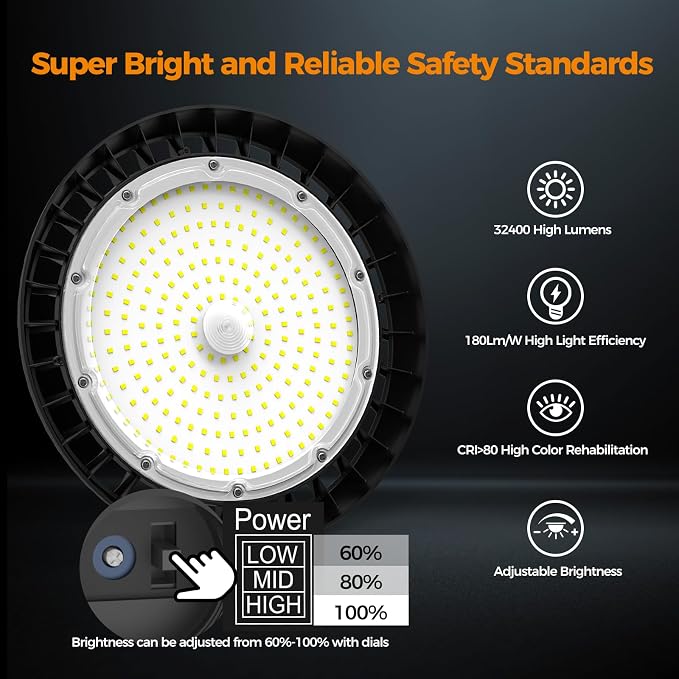 LED High Bay Lights 180W UFO Shop Lights 32400 LM 6000K Commercial Bay Lighting - Image 2
