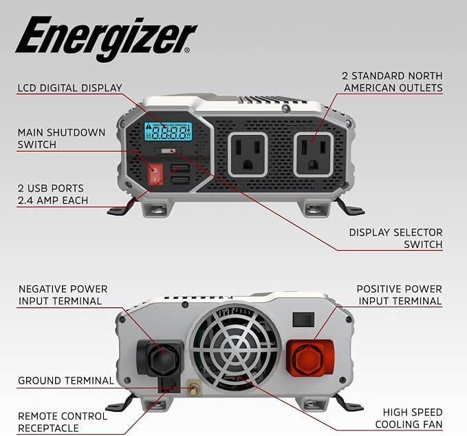 Energizer 1100 Watts Power Inverter Modified Sine Wave Car Inverter, 12V to 110 - Image 3