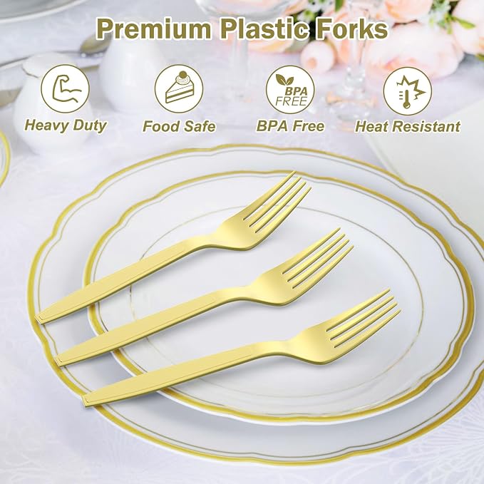 360 Count Extra Heavy Duty Gold Plastic Forks Disposable, Heat Resistant - Image 3