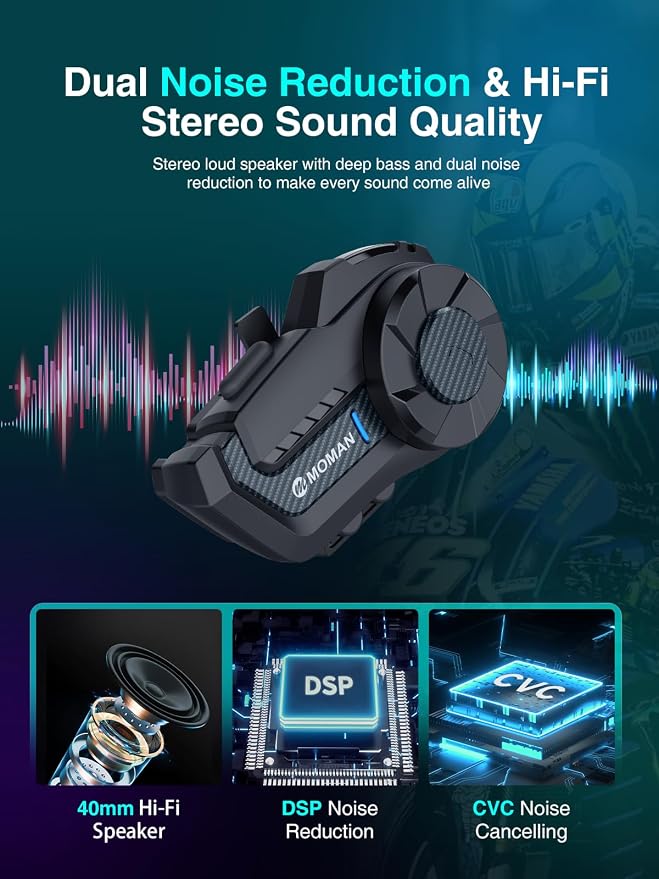 Motorcycle Intercom Headset, Moman H2 Pro【1 Pack Carbon】 Helmet Wireless - Image 6