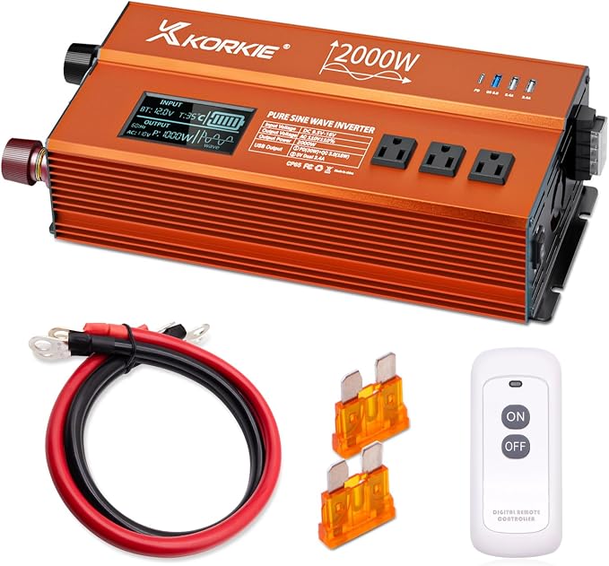 2000W Pure Sine Wave Inverter, Car Power Inverter, 12V DC to 110V, by KORKIE