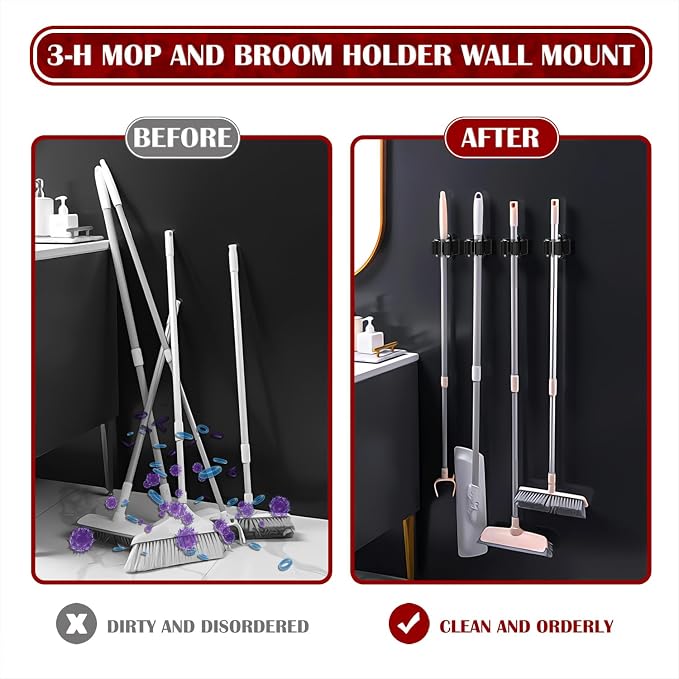 3-H Broom Holder Wall Mount 8 Pack, Mop and Broom Holder - Image 6