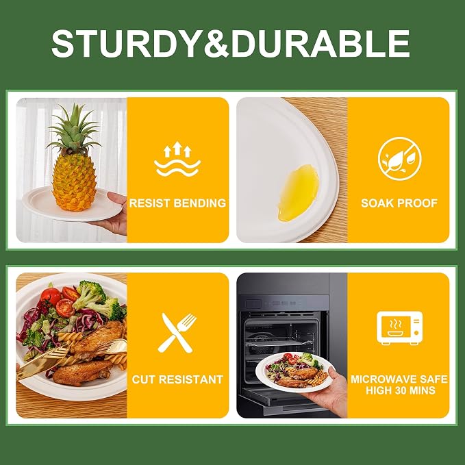 WELLIFE 100% Compostable Paper Plates 9 Inch, Biodegradable Bagasse, - Image 3