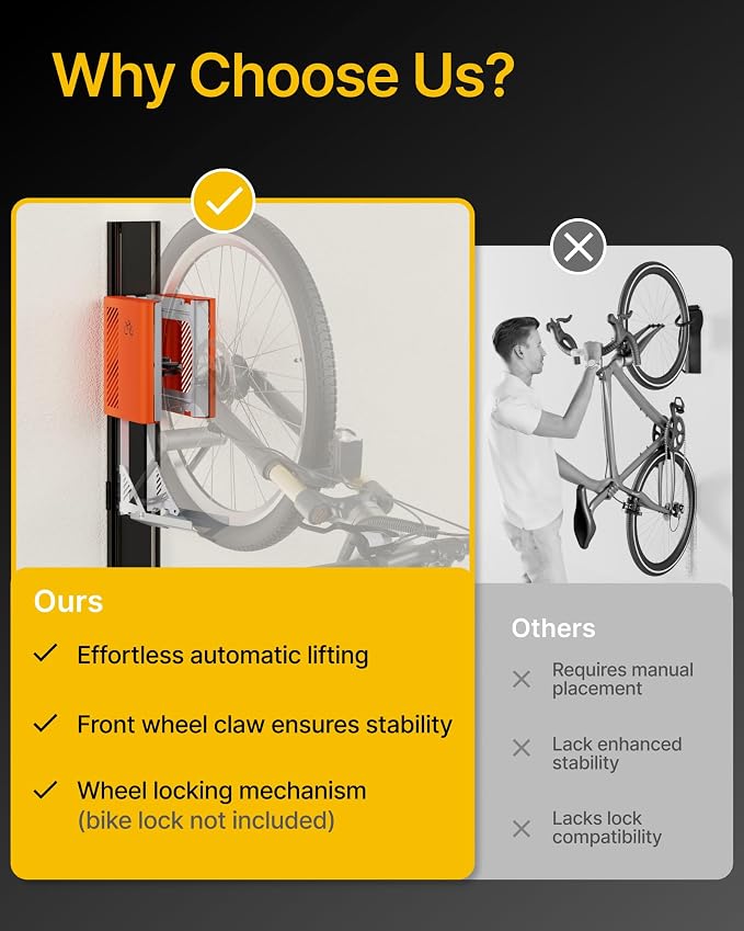 monTEK Automatic Lift EBike Rack – Fits 24-29" Tires, Heavy-Duty Vertical Wall - Image 5