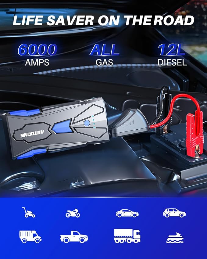 AUTOONE 6000A Car Battery Jump Starter Up to All Gas & 12L Diesel Engine - Image 2