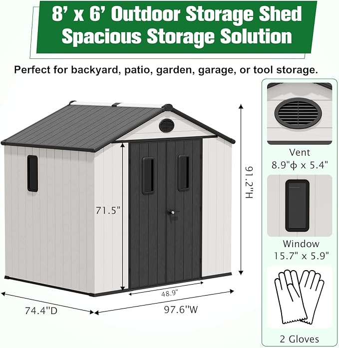 EAGLE PEAK 8x6 Resin Outdoor Storage Shed, Weatherproof Garden Shed - Image 4