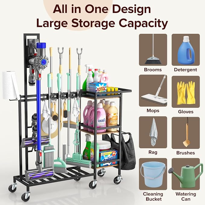 Cleaning Utility Cart on Wheels, Vacuum Stand Compatible - Image 2