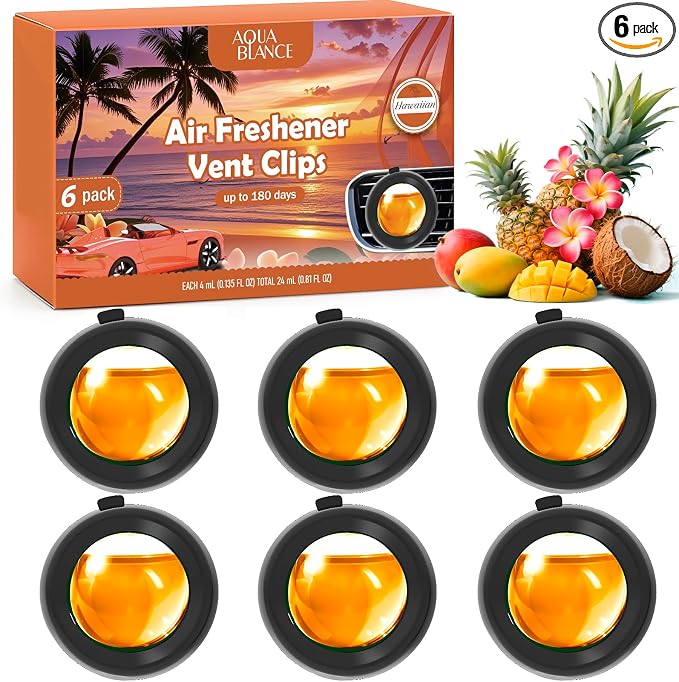 Car Air Freshener Vent Clips, Hawaiian Scent, 6 Pack, Long Lasting Scent Up to by AQUABLANCE