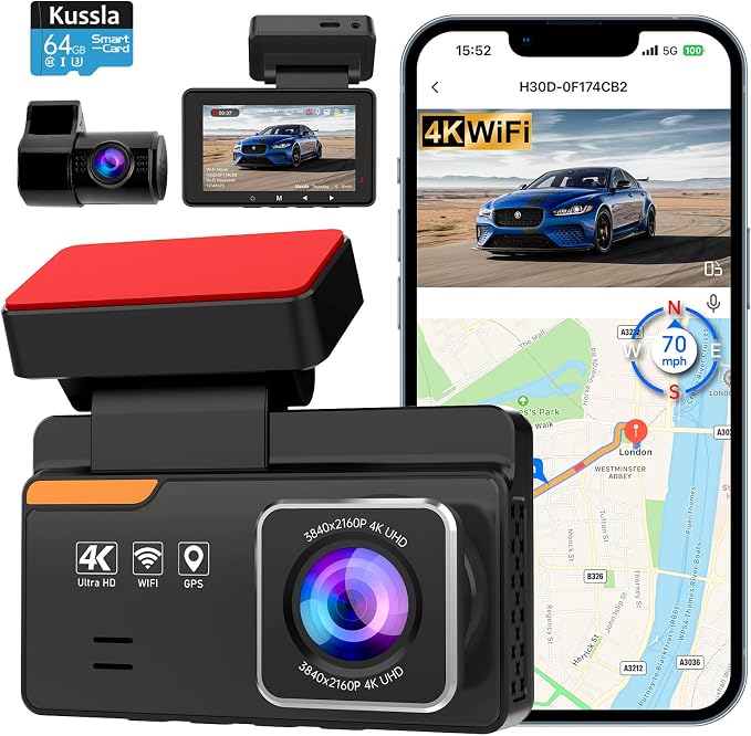 Dash Cam Front and Rear 4K+1080P, Dash Camera by Kussla