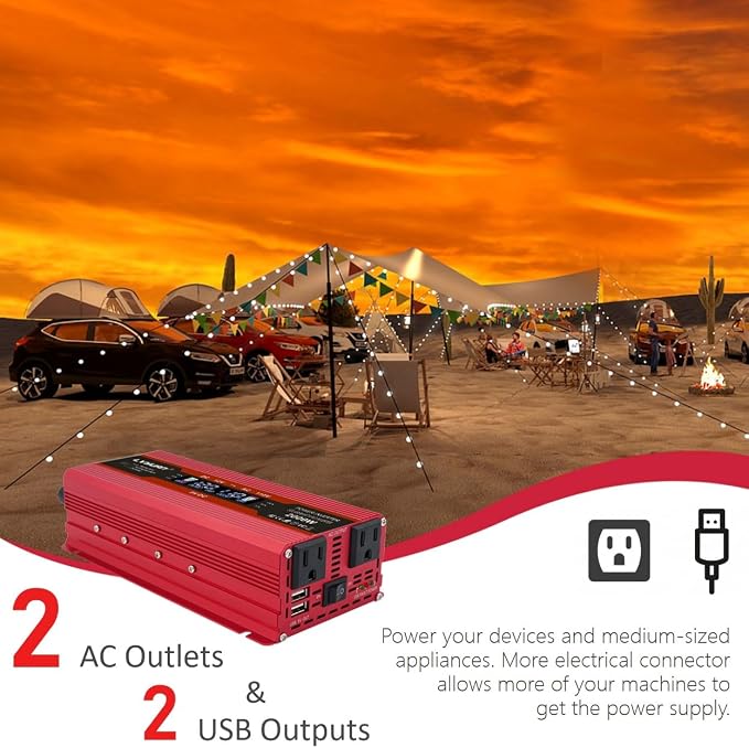 Power Inverter 1000W/2000W Dual AC Outlets and Dual USB Charging Ports DC 12V - Image 5