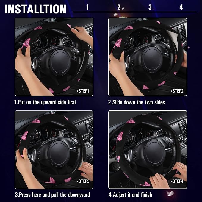 Car Pass Pink Embroidery Butterfly Steering Wheel Cover, Universal 15 Inch Car - Image 6