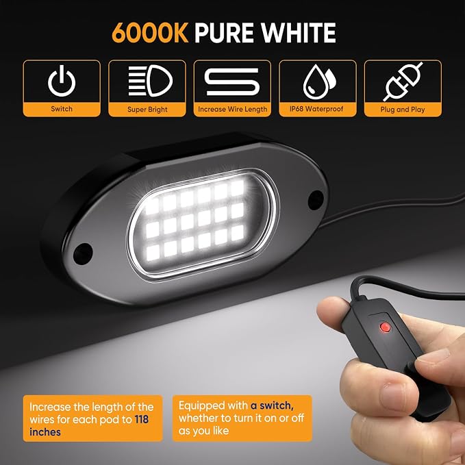 Honalia Pure White Rock Lights for Trucks 16 Pods, 6000K White LED Rock Lights - Image 2