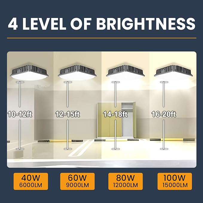 100W LED Canopy Lights 4Pack, 40/60/80/100W Selectable, 15000LM 5000K Square - Image 3