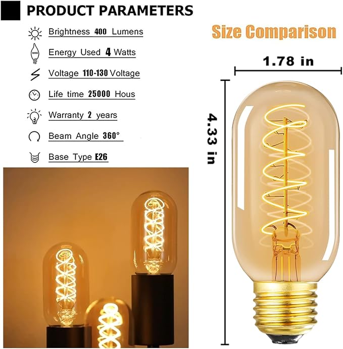 Vintage LED Spiral Filament Bulb T14, E26 Base, 4W Equivalent, 40W Warm White - Image 3