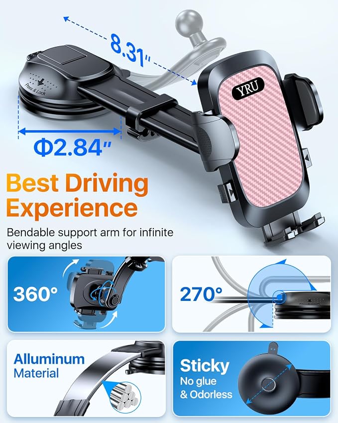 YRU Cell Phone Automobile Cradles Dashboard Windshield Pickup Truck Phone Mount - Image 5