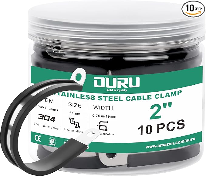 10pcs 2 Inch Stainless Steel Cable Clamps, Rubber Coated Cushioned Insulated by OURU