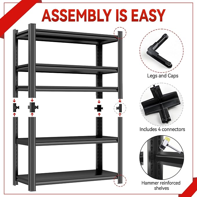 Metal Garage Shelving Unit, Heavy Duty 5-Tier Adjustable Storage Rack, Steel - Image 4