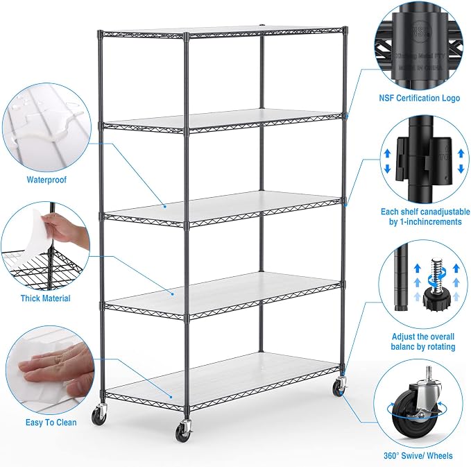 pouseayar Black 5 Tier Shelf Wire Shelving Unit, 6000lbs Capacity NSF Metal - Image 4