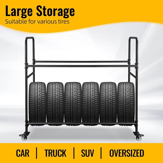 Tire Rack, Adjustable Height Metal Rolling Storage Rack 60" x 59" x 21" - Image 3