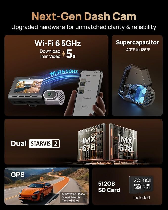70mai 4K T800 3 Channel Dash Cam, Dash Cam Front and Rear Inside, STARVIS 2 - Image 6