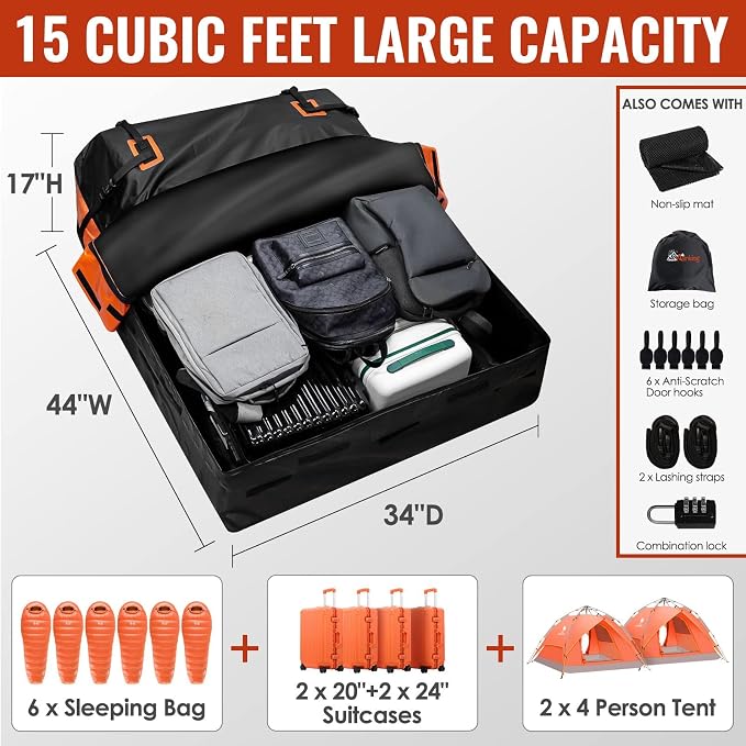 Car Rooftop Cargo Carrier Bag, 15 Cubic Feet Waterproof Heavy Duty 840D Car - Image 4