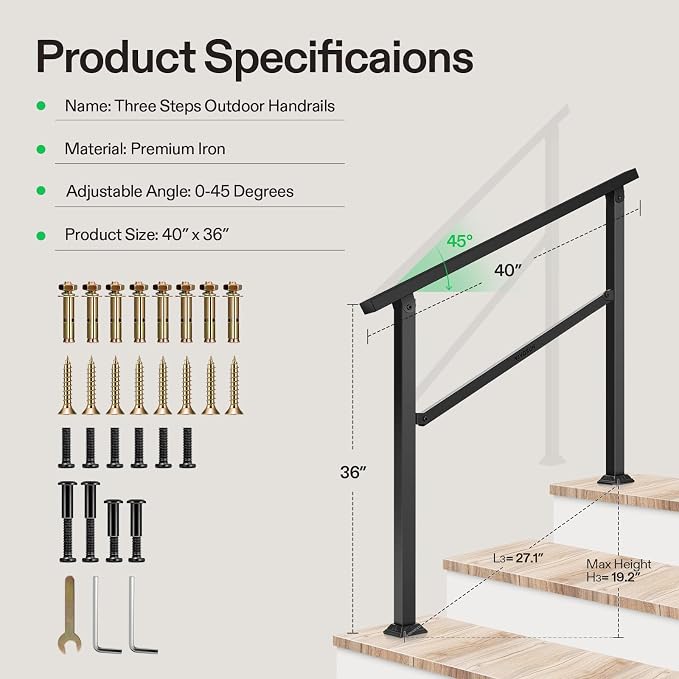 VIVOSUN Outdoor Handrail, 3 Step Stair Handrail, Wrought Mattle Iron Handrail - Image 2