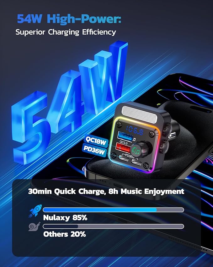 Nulaxy 54W Bluetooth 5.3 Car Adapter Charger 4-Port Fast Charging, Wireless - Image 2