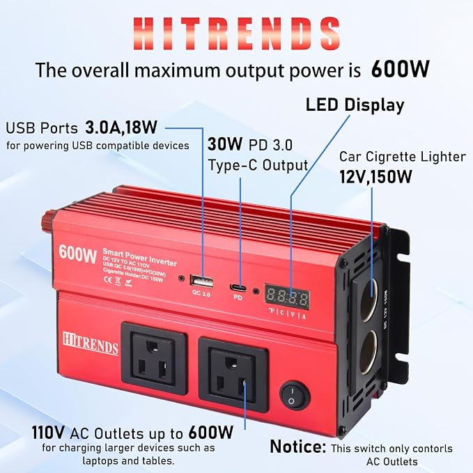 HITRENDS 600W Car Inverter, 12V DC to 110V AC, - Image 2